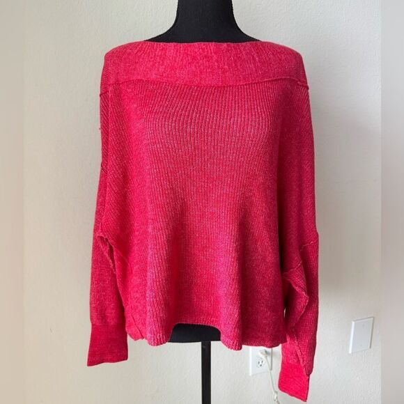 Free People Alana Sweater Off-Shoulder Linen Blend Knit Pullover Red Size M Boho - Picture 4 of 9